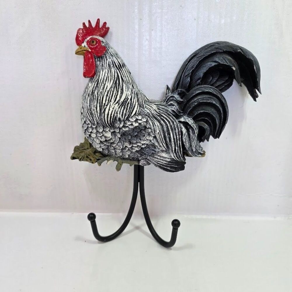 2 Hook Black/White Rooster Wall Hanging Cottage Rustic Farmhouse Country Lodge